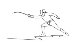 Animated self drawing of continuous line draw professional fencer in "en garde" stance. Symbolizing the poised readiness, active, focus, and strategy of the sports. Full length single line animation - Powered by Shutterstock - Get 15% off with code: PIKWIZARD15