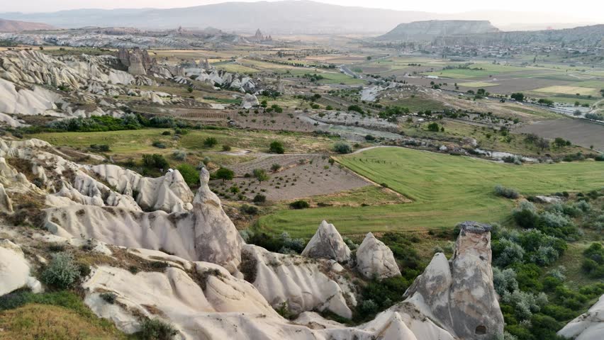 Aerial view of Cappadocia landscape at sunrise in Turkey, peaceful and vast