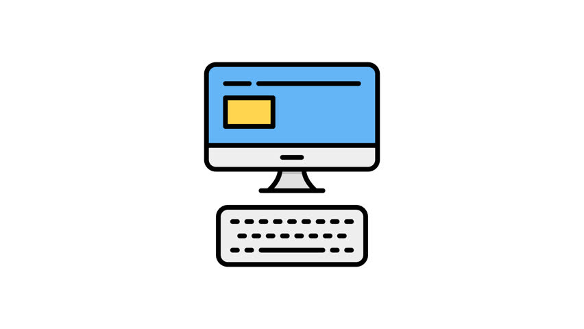 Animated computer and keyboard in use for typing in filled line icon style, suitable for office productivity, digital work, and technology concept illustrations