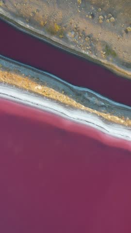 Vertical Drone Shot of Pink Salt Lakes and Evaporation Ponds Patterns, Utah USA