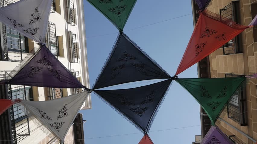 Decorative Mantones de Manila during La Paloma festivities in La Latina, Madrid.