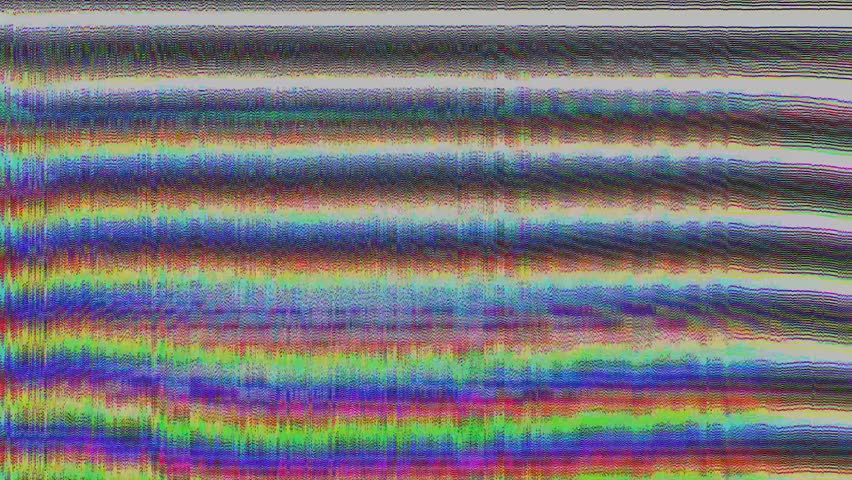 A Vibrant rainbow-colored wave patterns stretch horizontally across a noisy digital field resembling a spectral glitch