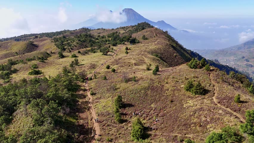 Drone footage of mountain hiking trail winding through grassy hills and trees, with stunning mountain peak rising in the distance. Mount Prau, Indonesia.
