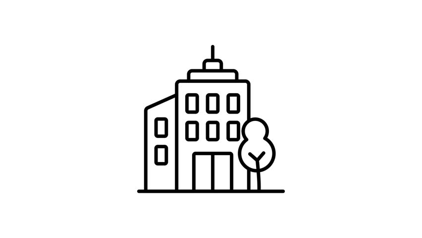 Animated modern office building in line icon style, suitable for corporate headquarters, workplace, and company office concept illustrations