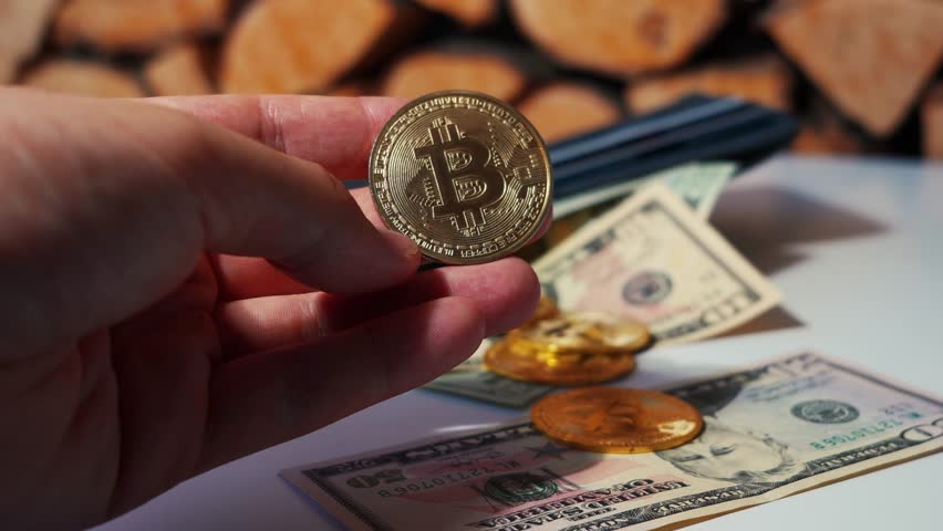 Digital currency, digital gold of the future. Bitcoin and other cryptocurrency coins in a wallet close-up. Money transactions and dollar and usdt exchange. Financial market and investments