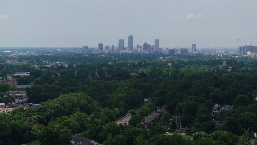 Aerial View of Indianapolis Skyline - Tight Drone Shot. Hot Summer Day