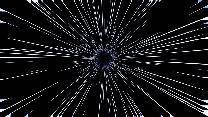 Dynamic space warp effect with streaking lights converging at a central point on a black looping background video motion 4k, ideal for illustrating concepts of speed, travel