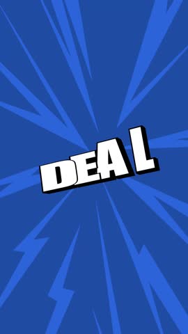 Promo video. Deal comic style bold white text on blue background with graphic rays. Concept of advertising design, special price offers, retail marketing, lifestyle promotions, and creative branding.