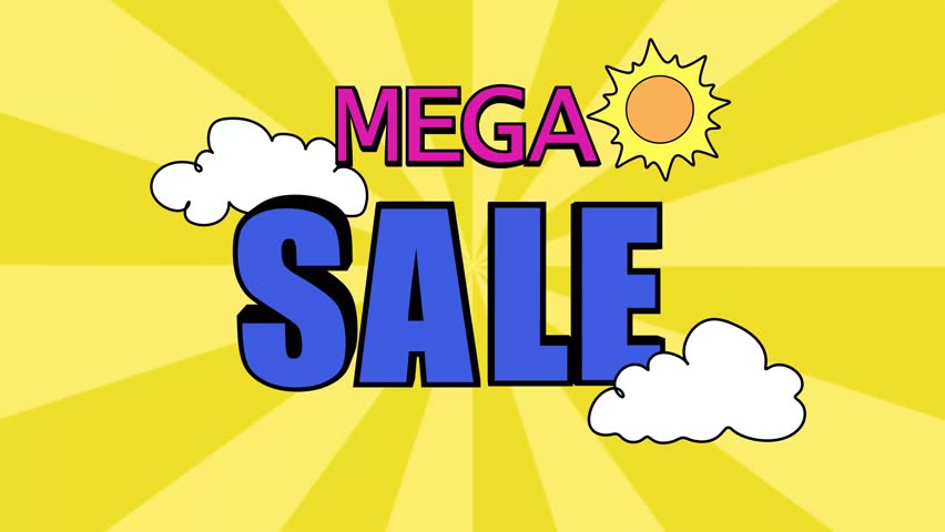 Bright mega sale promo video with sun clouds and bold typography on yellow background. Concept of summer promotion, social media content, retail campaigns, tourism marketing, and lifestyle branding.