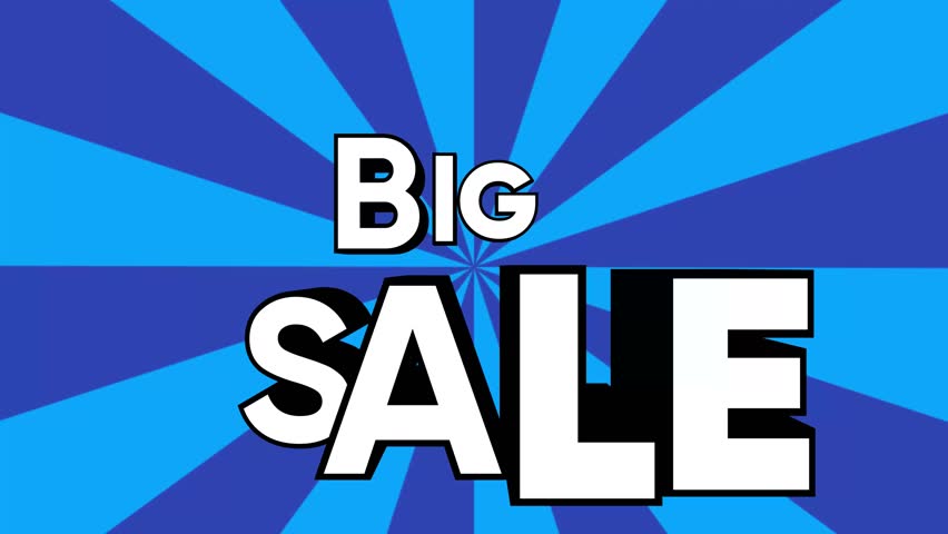 Minimalist big sale animated ad with bold typography on blue burst background. Concept of digital marketing, retail ecommerce, social media advertising, seasonal clearance, and branding campaigns.