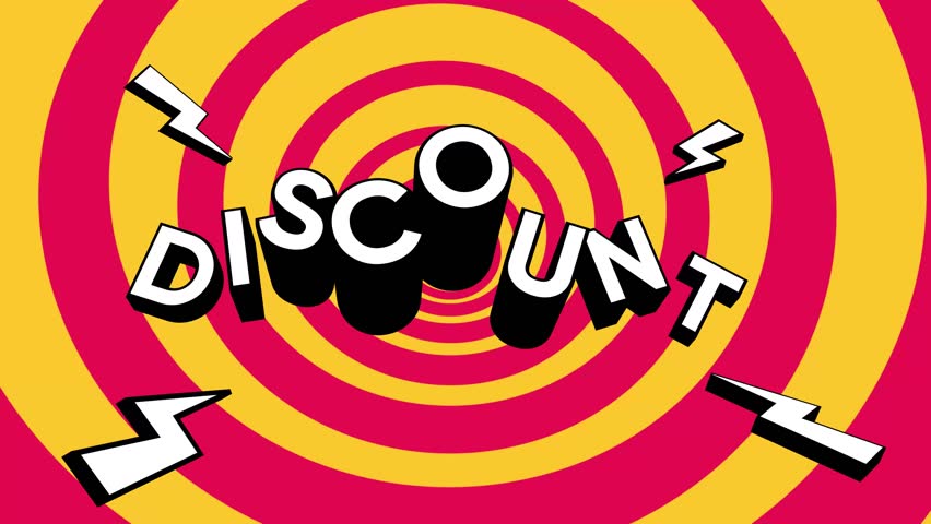Comic style discount loop animation with bold typography and lightning bolts on spiral background. Concept of ecommerce promotion, social media design, brand marketing, and creative agency visuals.