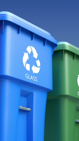 Panning view of green and blue recycling bins with printed labels under clear sky, arranged for organized waste collection awareness — for waste segregation campaign