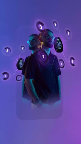 Loop animation. Futuristic man with digital fingerprint scan and glowing currency symbols. Concept of biometric security, digital identity, and innovative financial technology with parallax effect.