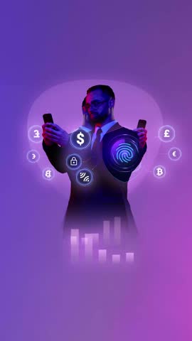 Businessman using phone with digital shield and currency icons around him in purple neon lightning. Ad template. Concept of mobile security, fintech apps, digital protection, and online finance tools.