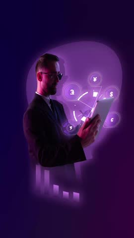 Businessman holding tablet with glowing purple currency interface on black. Concept of banking UX, crypto tools, parallax effect, financial dashboards, currency exchange systems. Short product video