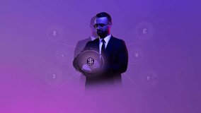 Man in suit checking optimal value on smartwatch with glowing dollar icon in neon lightning. Concept of smart banking, personal finance tech, fintech value interfaces, mobile dashboards. Video banner - Powered by Shutterstock - Get 15% off with code: PIKWIZARD15