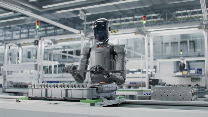 3D Animation: Autonomous AI-Powered Humanoid Robots Work at Factory on Assembly Line. Human Like Robot Working on Complex Detail in Industrial Environment. Industrial Automation AI Accelerated.
