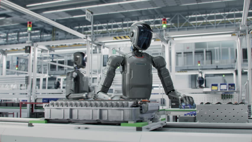 3D Animation: Autonomous AI-Powered Humanoid Robots Work at Factory on Assembly Line. Human Like Robot Working on Complex Detail in Industrial Environment. Industrial Automation AI Accelerated.