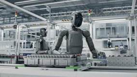 3D Animation: Autonomous AI-Powered Humanoid Robots Work at Factory on Assembly Line. Human Like Robot Working on Complex Detail in Industrial Environment. Industrial Automation AI Accelerated. - Powered by Shutterstock - Get 15% off with code: PIKWIZARD15