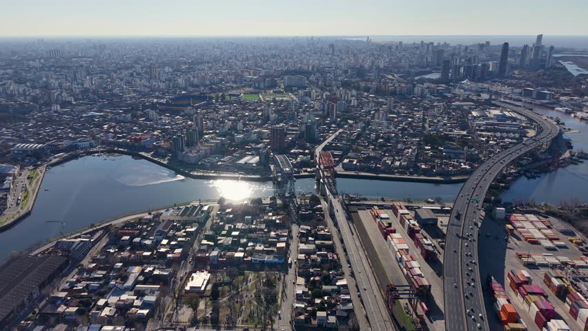 Aerial view of the La Boca neighborhood in Buenos Aires. The city of Buenos Aires can be seen in the background.