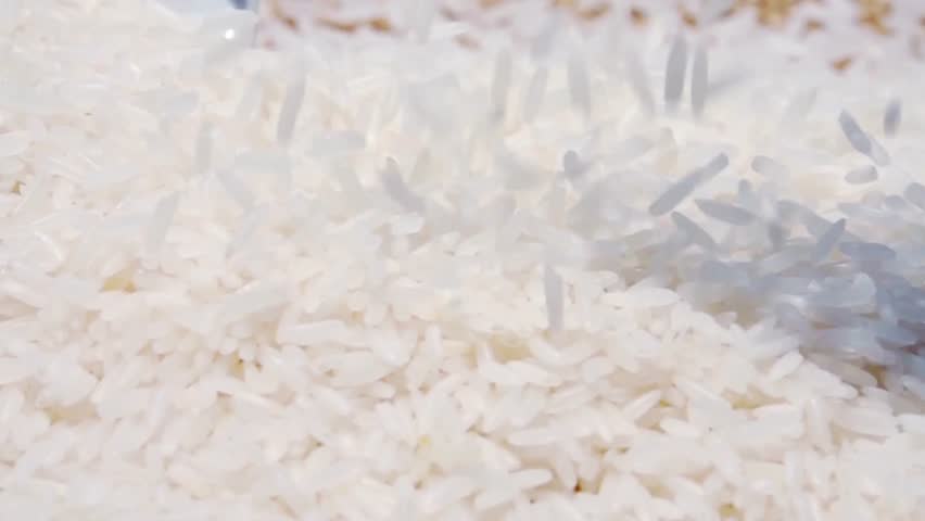 Close up of uncooked white rice grains, a staple food, on a white background