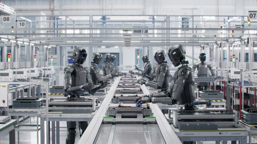 3D Animation: Autonomous AI-Powered Humanoid Robots Work at Factory on Assembly Line. Industrial Automation AI Accelerated: Advanced Robot Working on Complex Detail in Industrial Environment.