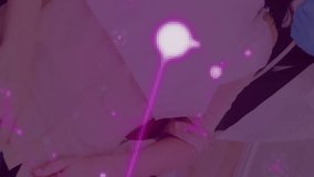 Animation of molecules flowing over male dentist in face mask treating female patient in dentist chair. Medical dental treatment Covid 19 coronavirus protection concept digital composite. - Powered by Shutterstock - Get 15% off with code: PIKWIZARD15