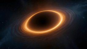 artistic illustration of a stunning black hole in the middle of space. The black hole itself is depicted as a pitch-black circle, surrounded by a bright orange ring of light. 4K - Powered by Shutterstock - Get 15% off with code: PIKWIZARD15