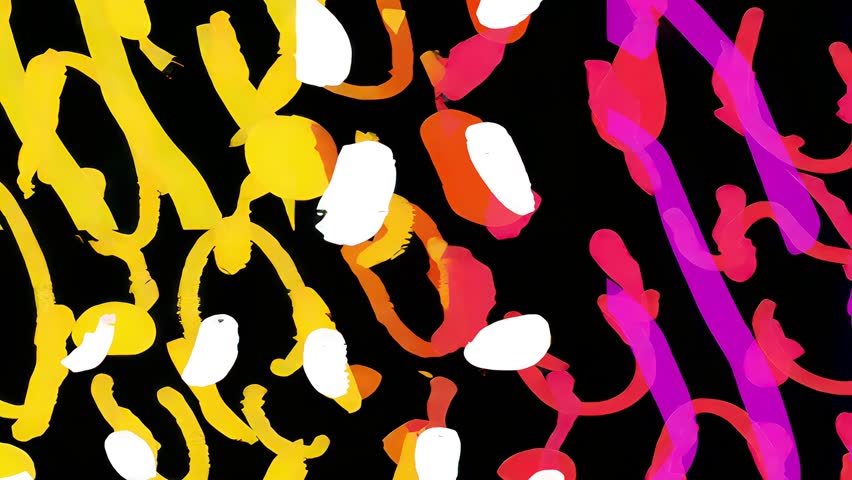 Funky abstract grunge pattern vivid spots and scribbles in orange purple and pink over black base spray halftone grain textured animated background