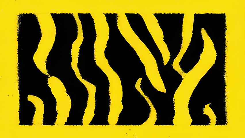 Funky abstract grunge pattern wavy tiger stripes fit in to the black rectangle shape  in black over bright yellow grain halftone texture bold animated simple cartoon retro background