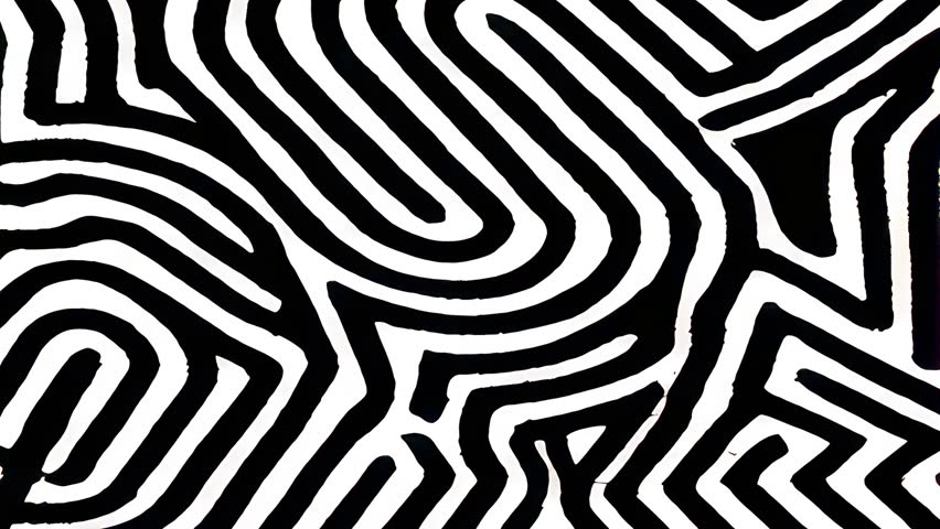 Funky abstract grunge curvy labyrinth pattern with bold black zebra stripes on white spray textured grainy animated background retro acid design with optical vibes