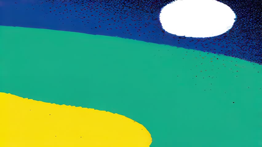 Funky abstract wavy minimalistic grunge pattern teal and yellow landscape flow over deep purple black halftone speckled textured animated pop-art simple background