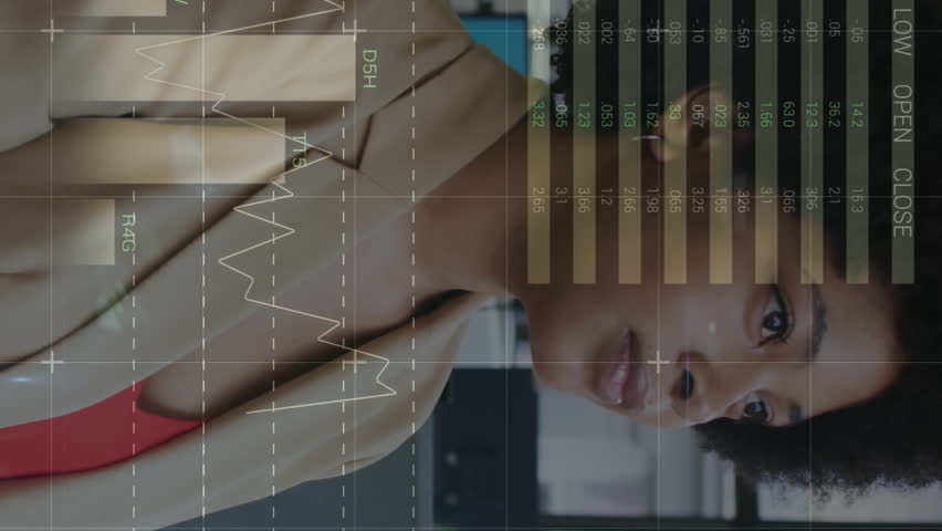 Animation of bitcoins, financial data processing with statistics over businesswoman. global business, finance and data processing concept digitally generated video. - Powered by Shutterstock - Get 15% off with code: PIKWIZARD15