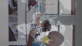 Animation of world map with most areas red and schoolchildren wearing face masks in classroom.healthcare and protection during coronavirus covid 19 pandemic, digitally generated video. - Powered by Shutterstock - Get 15% off with code: PIKWIZARD15