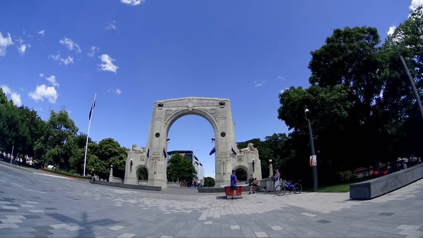 Timelapse of Christchurch skyline with dynamic clouds, urban architecture, and flat terrain captured on a clear summer day in January 2017.