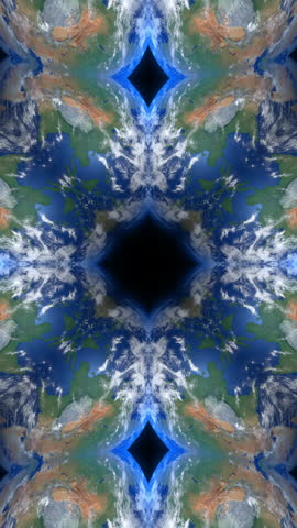 Mirrored halves of Earth rotate in symmetrical layering around dark central void with sharp continental edges and layered clouds for spatial VJ loop