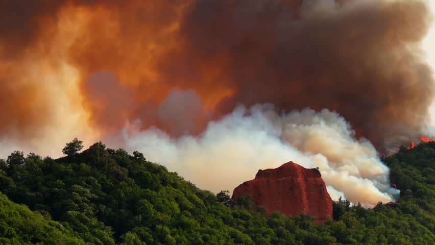 wildfire in a forest, drone view of clouds of smoke with a helicopter flying over the burning forest, climate change because of global warming