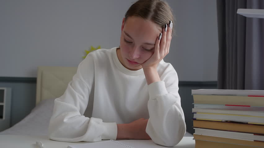 Exhausted student looking bored and tired while studying at her desk with a pile of books and a laptop, struggling with concentration and motivation