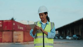 Portrait Of A Young Warehouse Supervisor Standing And Holding A Tablet, Dressed In A White Helmet And A Yellow Vest. The Worker, Dressed In Safety Uniform, Holds A Digital Device Smiles At The Camera - Powered by Shutterstock - Get 15% off with code: PIKWIZARD15