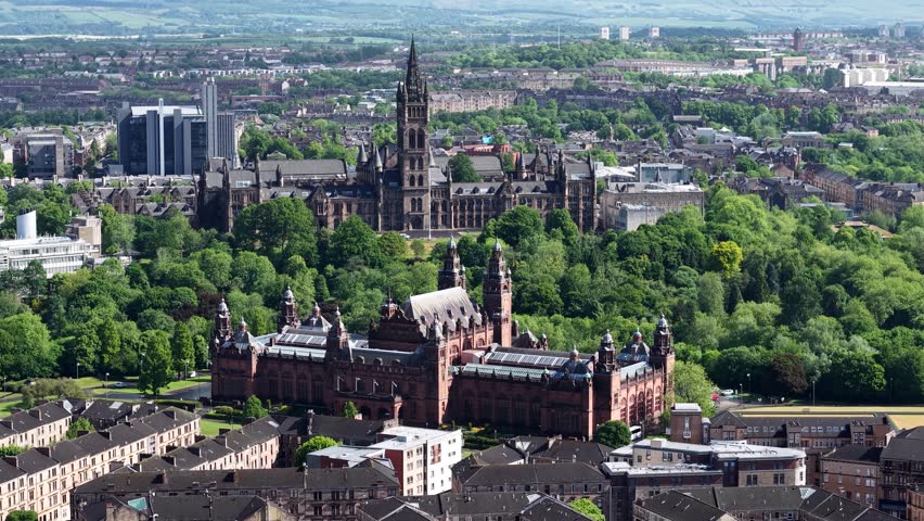 Drone view of Kelvingrove Art Gallery and Museum in Glasgow, Scotland, UK