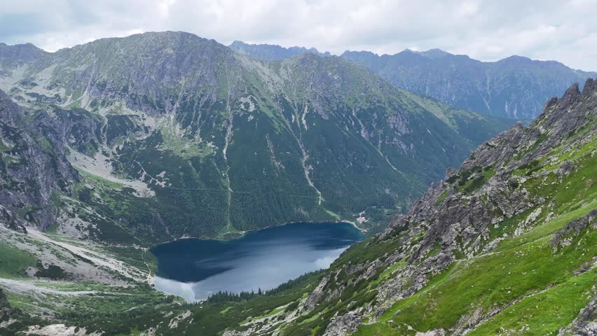 Drone shot of Morskie Oko (Eye of the Sea) lake in Tatra Mountains, Poland