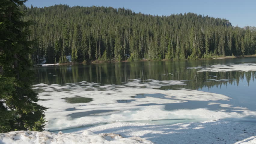 View of a lake with floating ice in the area of Mount Rainier, Washington State, USA