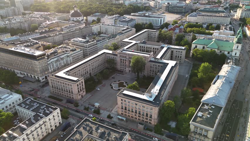Drone view of Ministry of Finance (Ministerstwo Finansow) in Warsaw, Poland