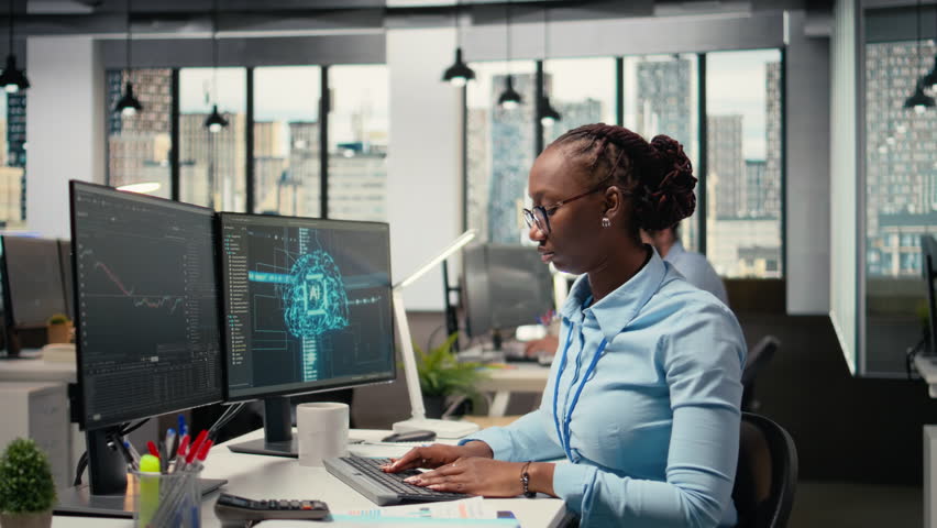 Portfolio managers using artificial intelligence to analyze stock market trends and enhance investment returns. Coworkers use AI chatbot to identify investment opportunities, camera A