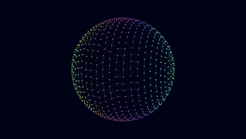 A grayscale 3D sphere comprised of multicolored dots arranged in a circular pattern. The dots create an illusion of depth, forming the sphere