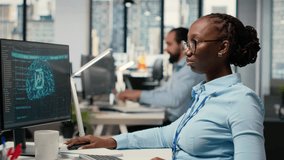 Equity analyst uses AI for companies earnings research to assess stock market value, taking notes. Trader conducts financial analysis to improve investments using artificial intelligence, camera B - Powered by Shutterstock - Get 15% off with code: PIKWIZARD15