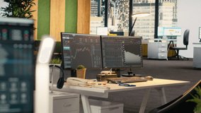 Trading software in proprietary firm office with candlestick graphs on PC screens. Desktop computers on desk used by financial experts tracking stock market activity using analytical tools - Powered by Shutterstock - Get 15% off with code: PIKWIZARD15