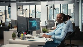 Teamworking proprietary firm colleagues using deep learning to assess stock market volatility. Brokerage company supervisor and african american woman using AI to generate investment reports, camera A - Powered by Shutterstock - Get 15% off with code: PIKWIZARD15