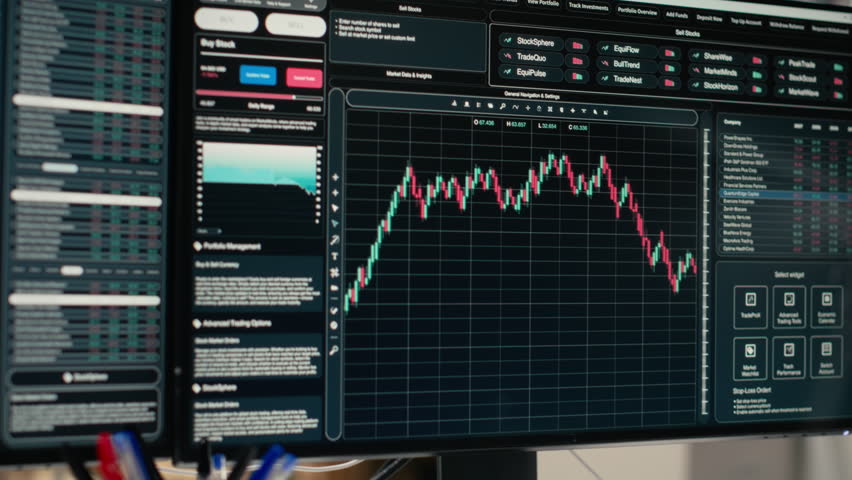 Close up of stock exchange metrics candlestick charts displayed on computer monitors in investment firm office. Workstation in asset management company with live financial data visible on PC displays