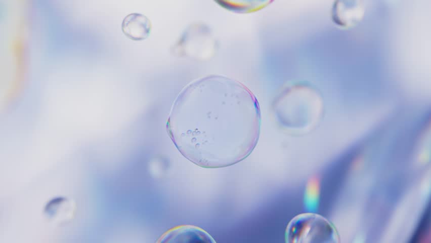 Essence bubbles fusion, liquid bubbles merge to form a drop of special liquid. Macro lens elements combine to form essence. Concept skin care cosmetics solution. Cosmetics advertising, 3D animation.
